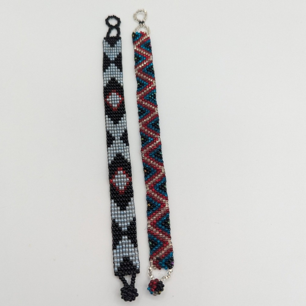 Set of‎ 2 Handmade Seed Bead Bracelets Southwestern Geometric Chevron Black Red
